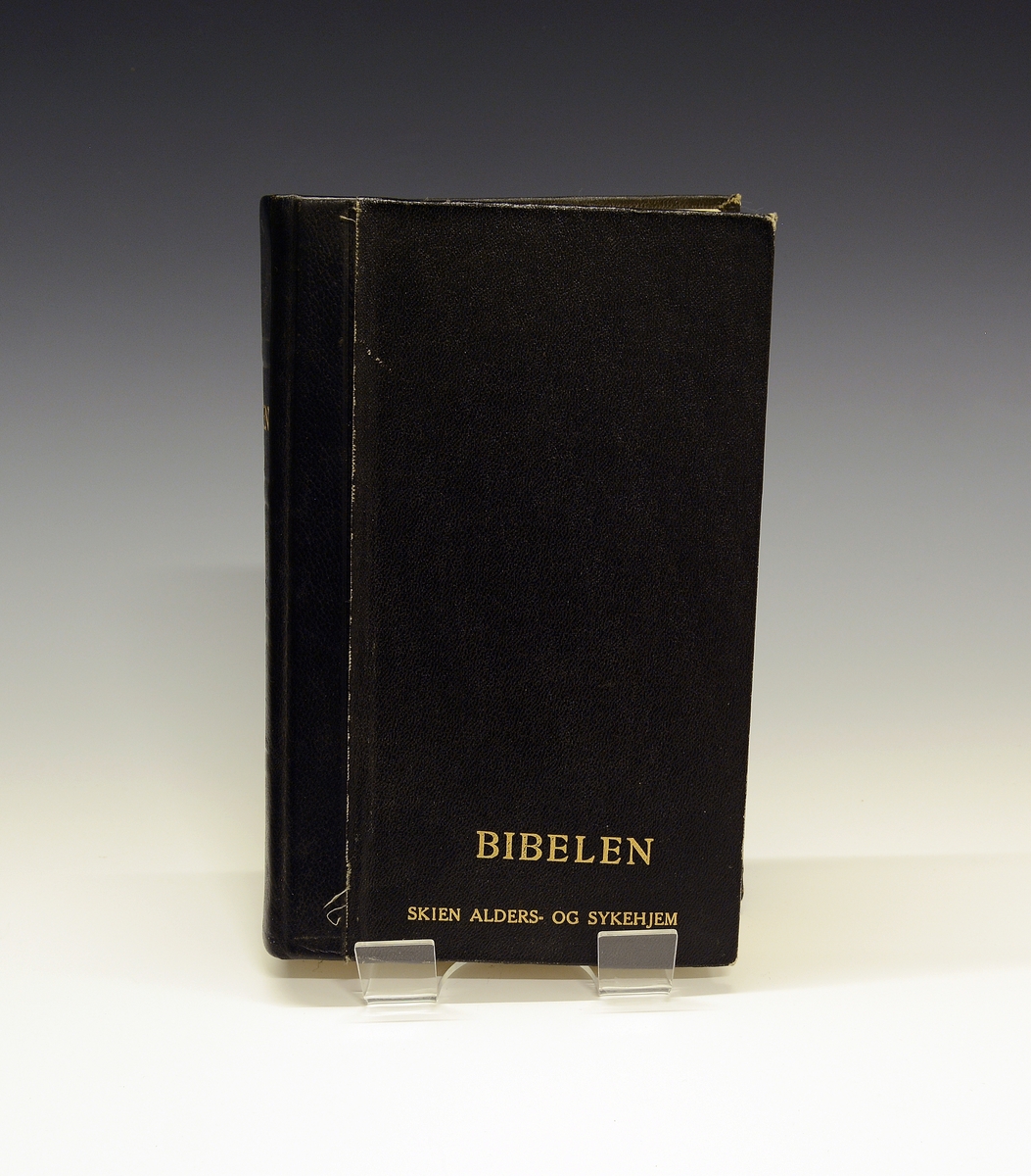 Bibelen i sort shirting med gullbokstaver.