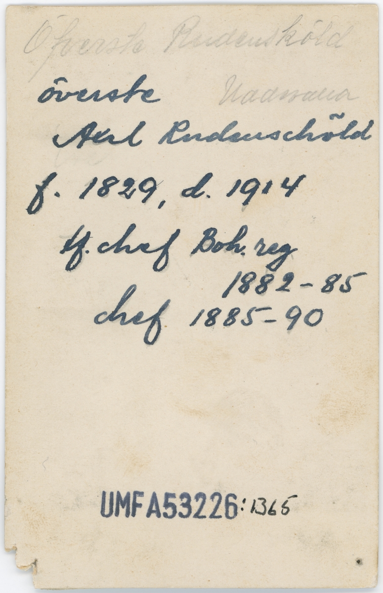 Text på kortets baksida: "Överste Axel Rudenskiöld f. 1829 d. 1914. Chef Boh. reg. T. f. 1882-1885. Chef 1885-1890".