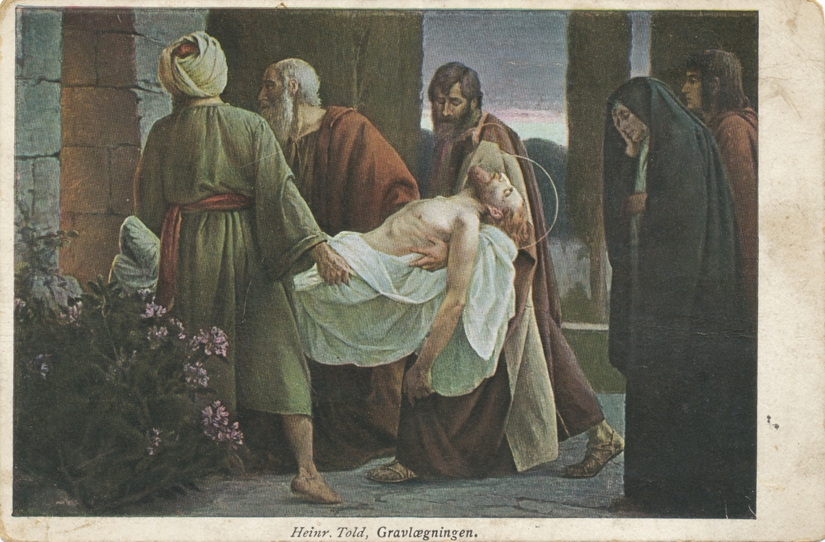 Postkortmotiv av et maleri av Jesus si gravlegging.