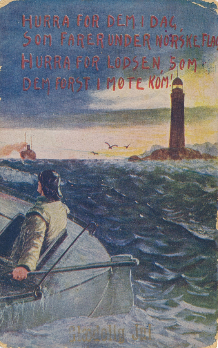 Postkortmotiv av et maleri av en mann i båt. I bakgrunnen står et fyrtårn.