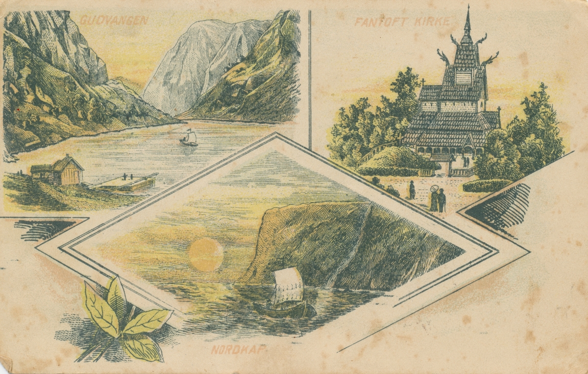 Postkort med tre tegnede motiv fra fra populære turiststeder i Norge; Gudvangen, Fantoft Kirke og Nordkapp.
