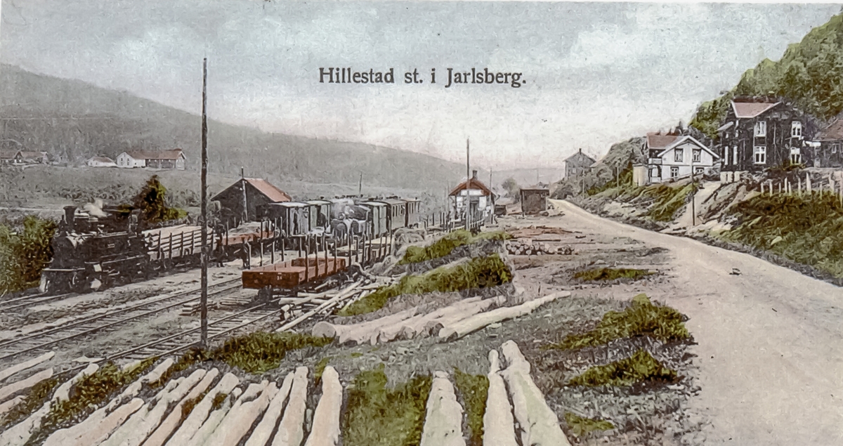 Blandet tog og persontog på Hillestad stasjon, fellesstasjon for Holmestrand-Vittingfossbanen og Tønsberg-Eidsfossbanen