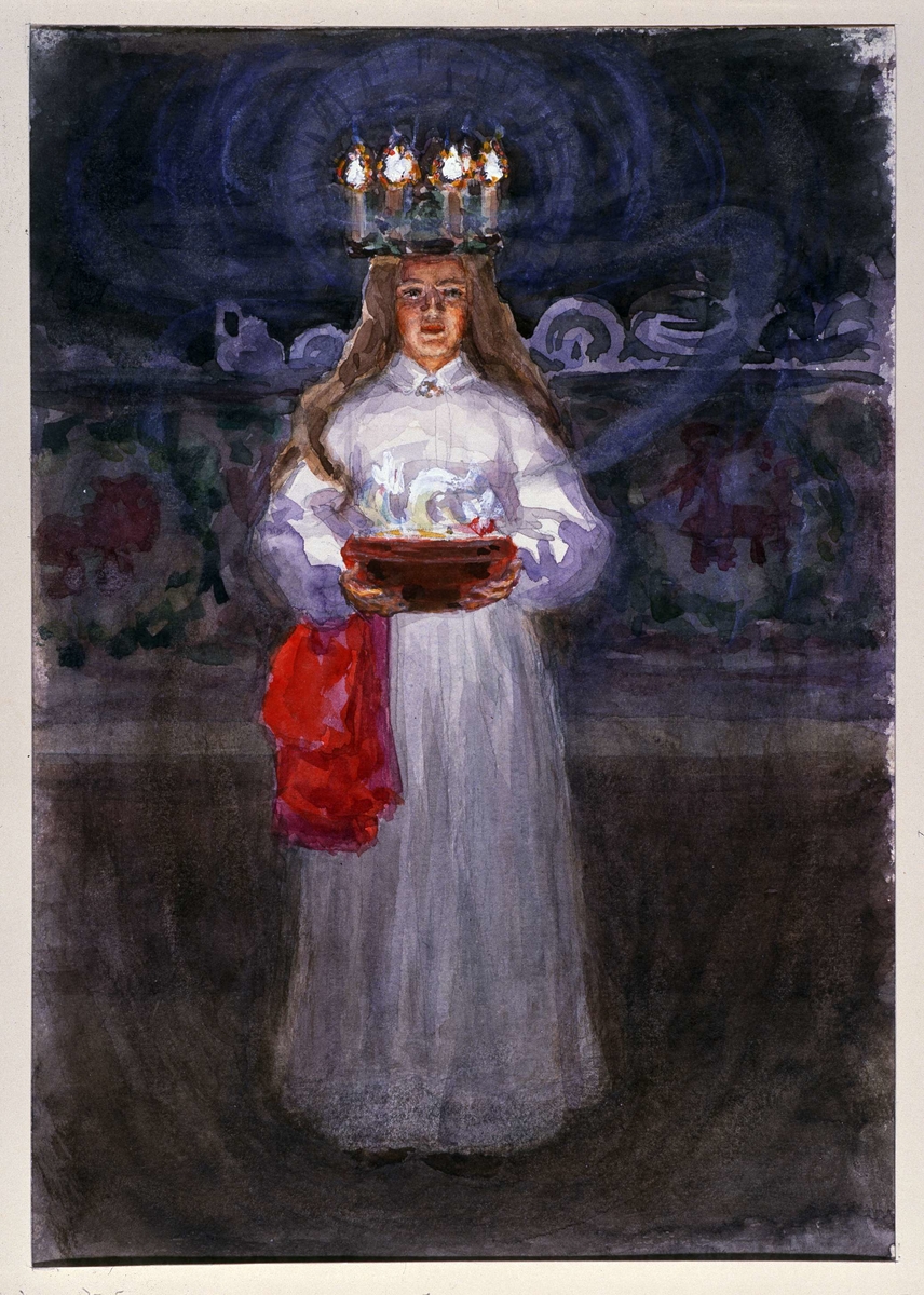 Lucia. Akvarell av Emelie von Walterstorff. Gudrun Biller som modell.