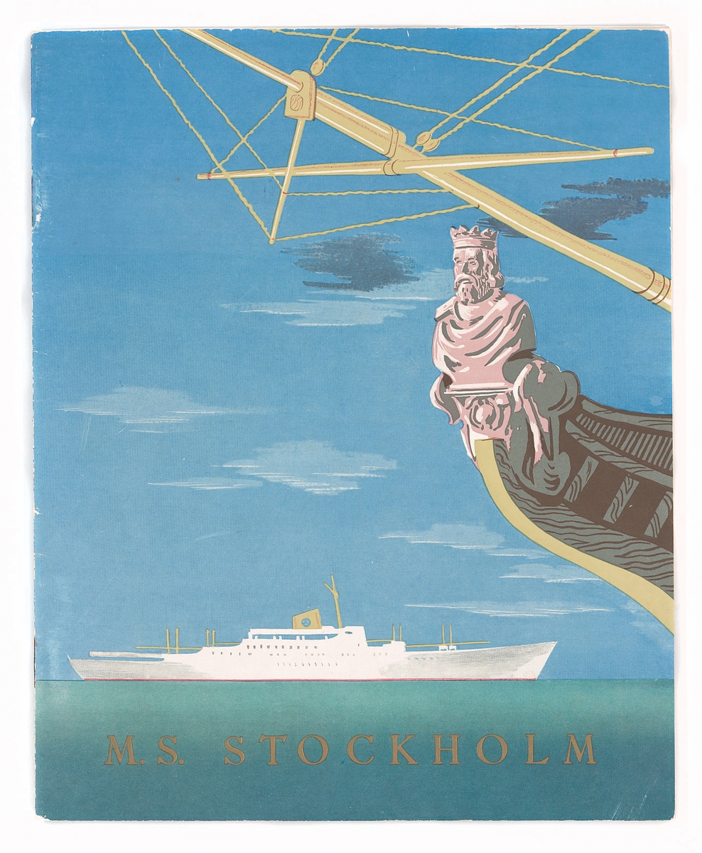 Bild visande ett vitt SAL-fartyg i bakgrunden och i förgrunden fören på ett segelfartyg med galjonsfigur (mansfigur med kungakrona). Texten lyder "M.S. STOCKHOLM".