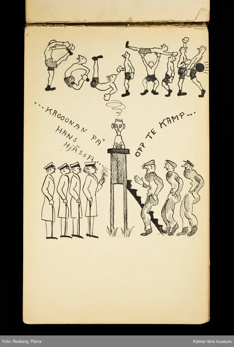 KLM 45042. Skiss, av papper. Stående format. Humoristisk teckning, original av Per Karl.