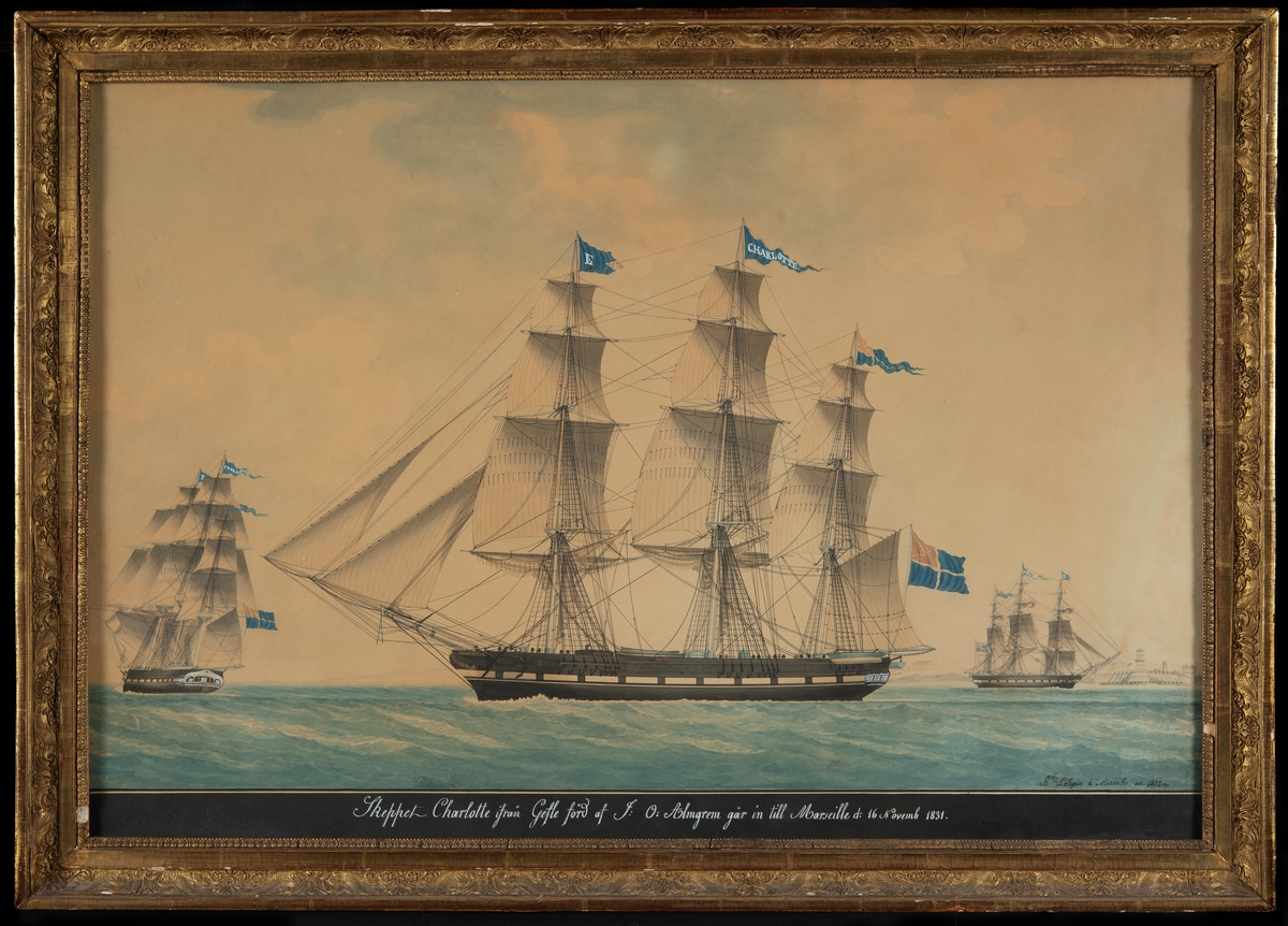 Fartygsporträtt av fullriggaren CHARLOTTE avbildad från babords sida, styrbords sida (mindre avbildning) samt snett akter ifrån (mindre avbildning).