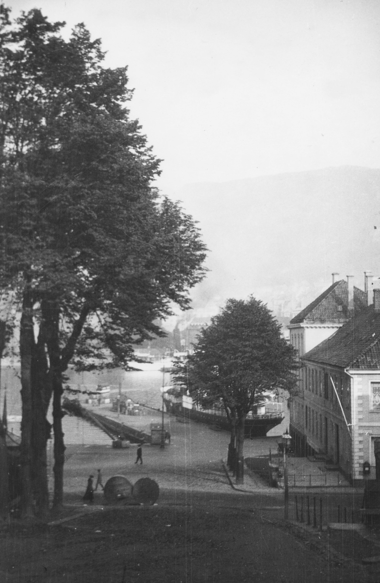 Bergen. Holbergsallmenningen / C. Sundts gate / Strandgaten, Løveapoteket, 1920-tallet.