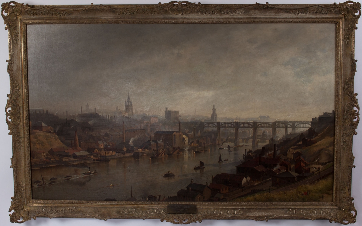 Maleri fra Newcastle havn. Ser skipsverft, bro, kirketårn og mindre fartøyer.