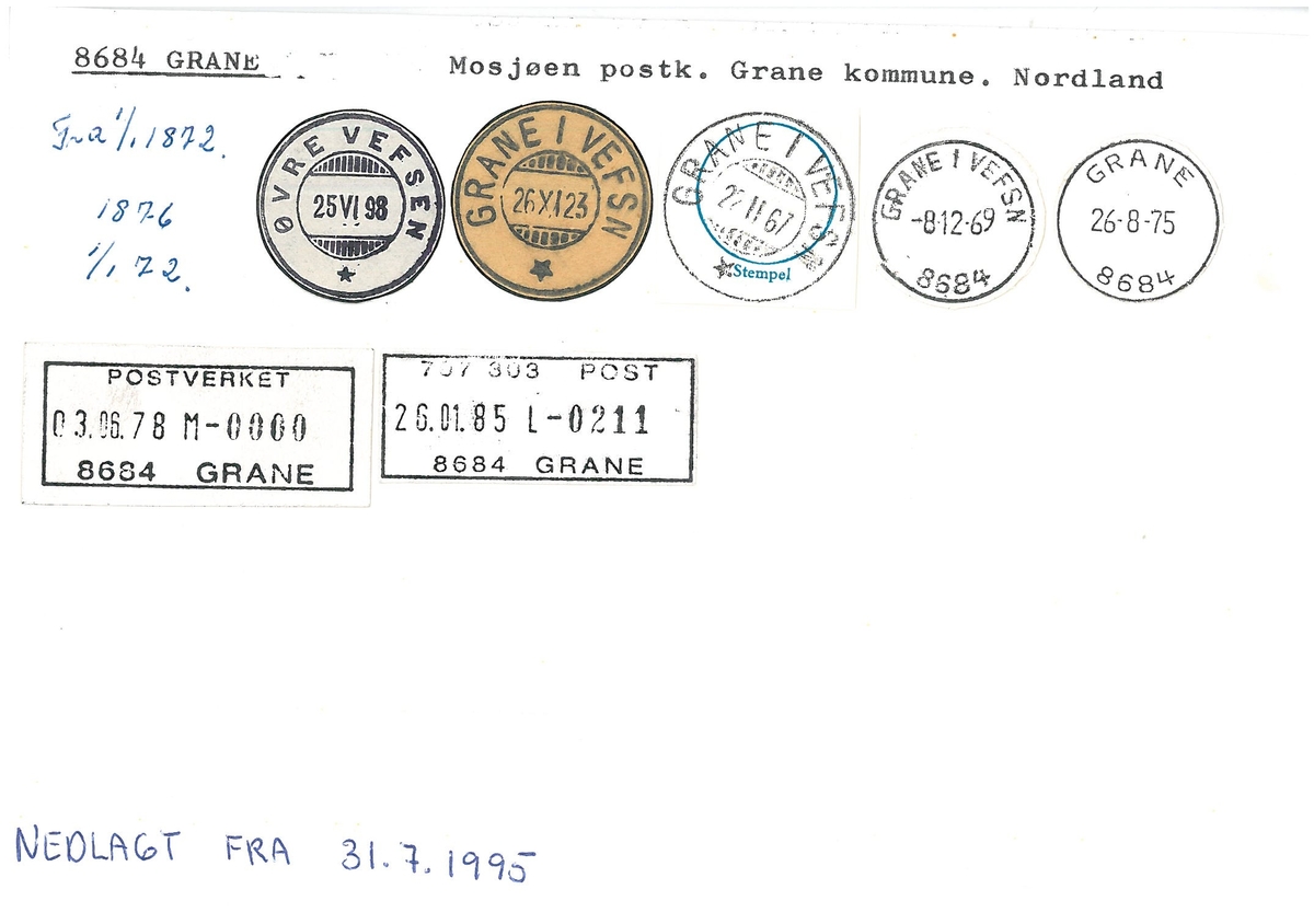 Stempelkatalog 8684 Grane, Øvre vefsen, Vefsen i Grane, Grane kommune, Mosjøen postkontor, Nordland