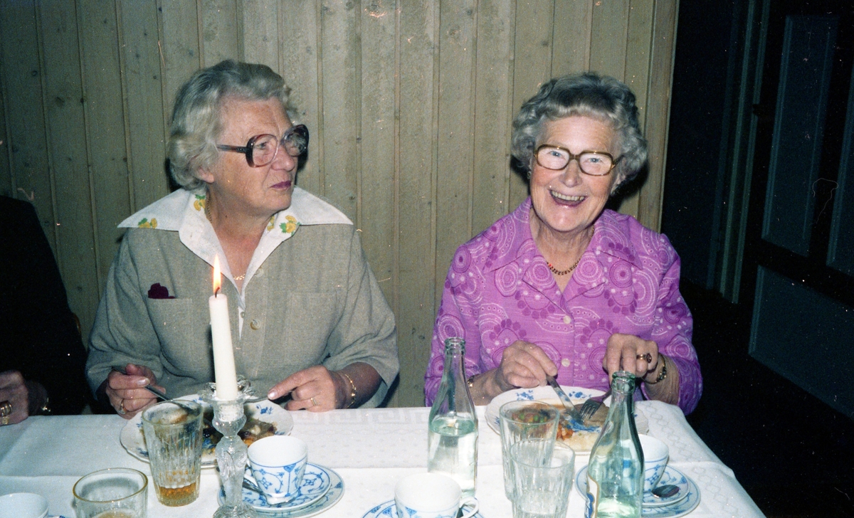 Hobbyverksamhet för pensionärer, 1970-tal. Utflykt till Resa Två Skyttlar, hotell och restaurang i Örby. Två okända damer som sitter till bords.
Relaterade motiv: A2045 - A2060.