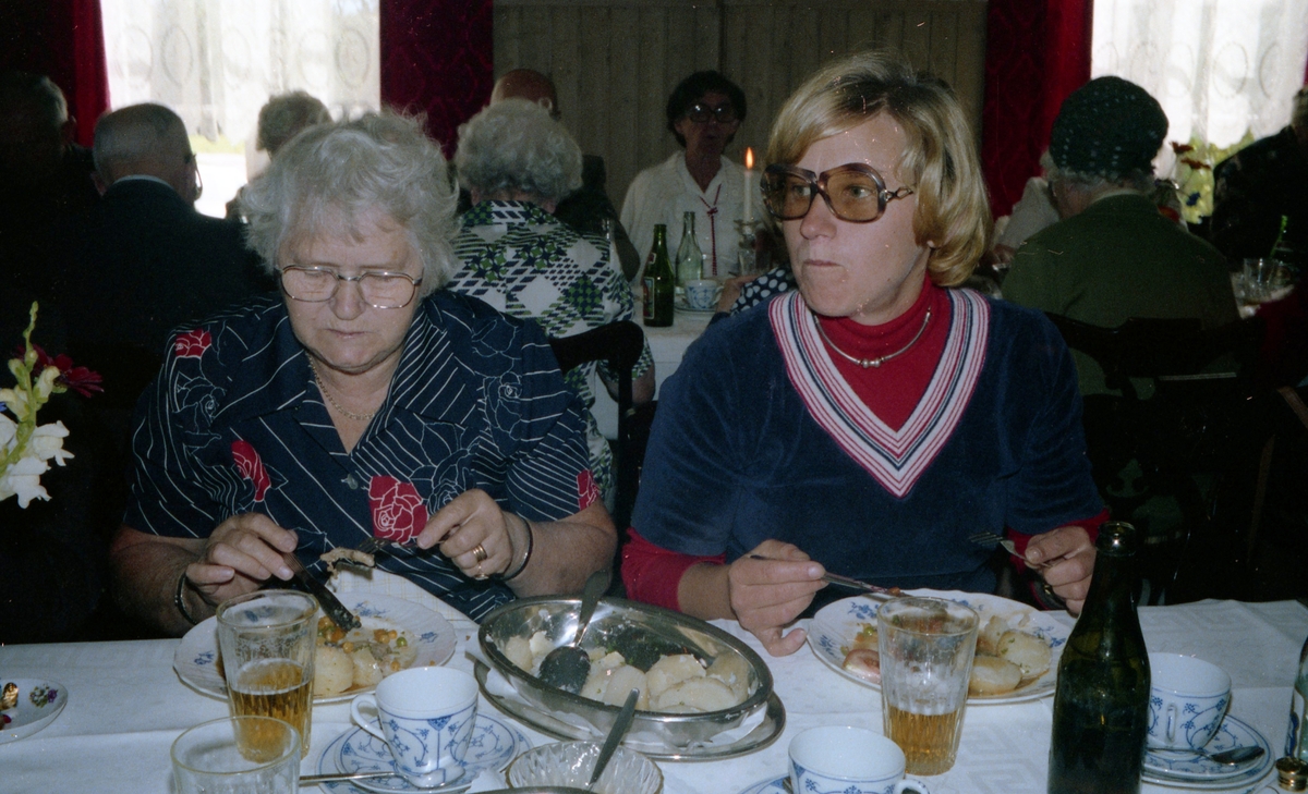 Hobbyverksamhet för pensionärer, 1970-tal. Utflykt till Resa Två Skyttlar, hotell och restaurang i Örby. Två okända kvinnor sitter till bords.