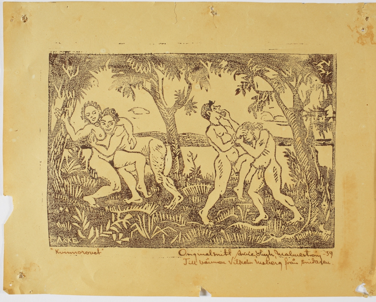 Två män, en faun och en kvinna, nakna i naturen.