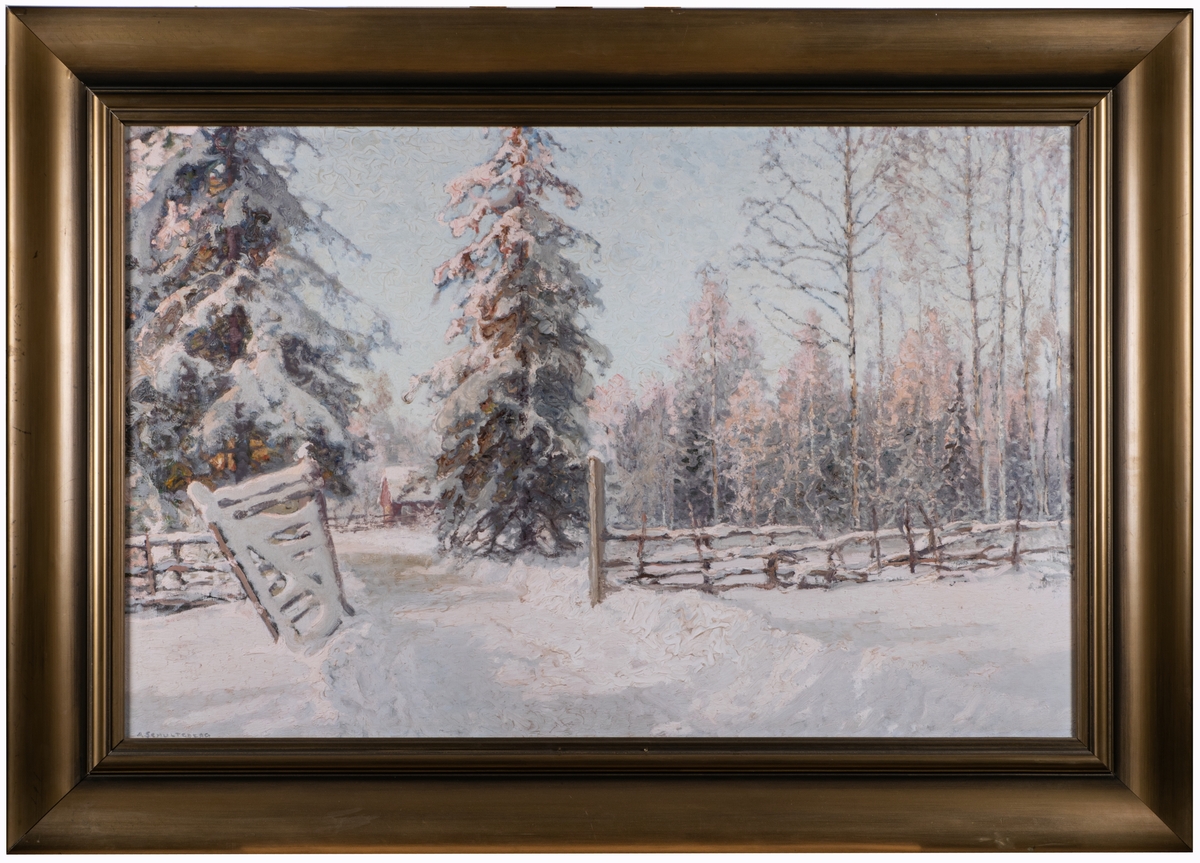 Oljemålning av Anshelm Schultzberg, "Vinterväg". Motiv från Stockholms omgivningar.