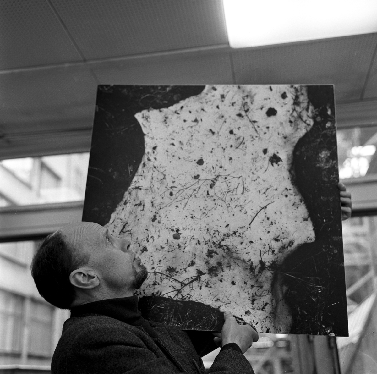 Carl Nesjar med et fotografi som antagelig skal sendes til en utstilling i London. Fotografert i januar 1967.