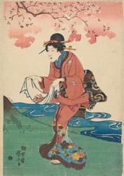 Vakker kvinne som samler kronblader fra kirsebærblomster [Gr