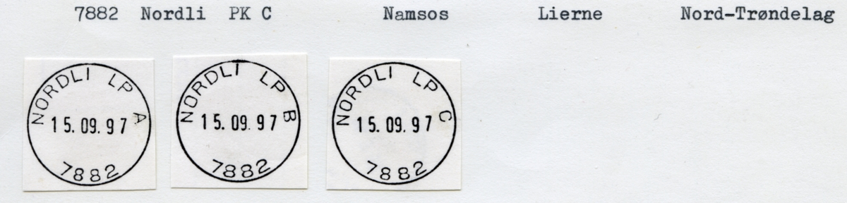 Stempelkatalog. 7882 Nordli. Namsos postkontor. Lierne kommune. Nord-Trøndelag fylke.