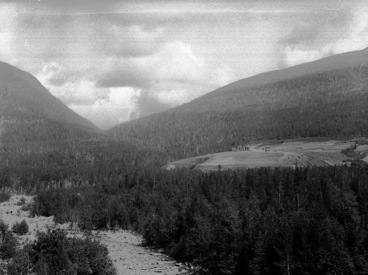 Gaarden  Rødalen  Dovre.  05.08.1907. Gård, dyrket mark, elv, trær, fjell.
