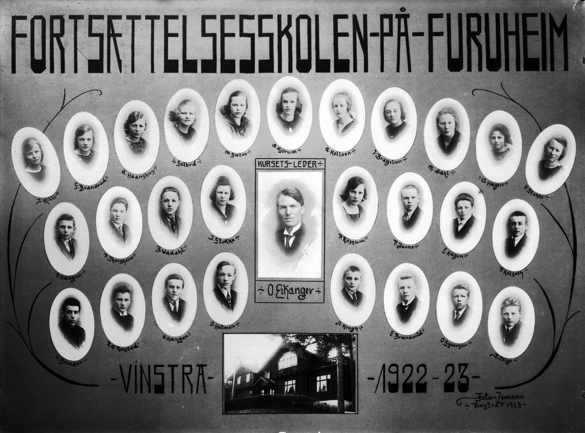 Kort : Fortsættelsesskolen-på-Furuheim Vinstra -1922-23, skolebilde, klassebilde