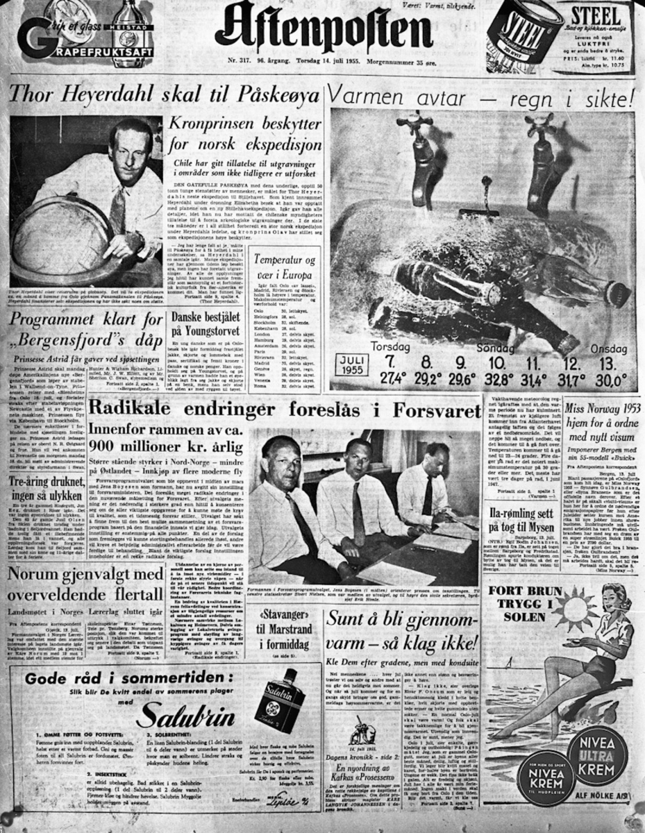 Forsiden fra Aftenposten torsdag 14. juli 1955.