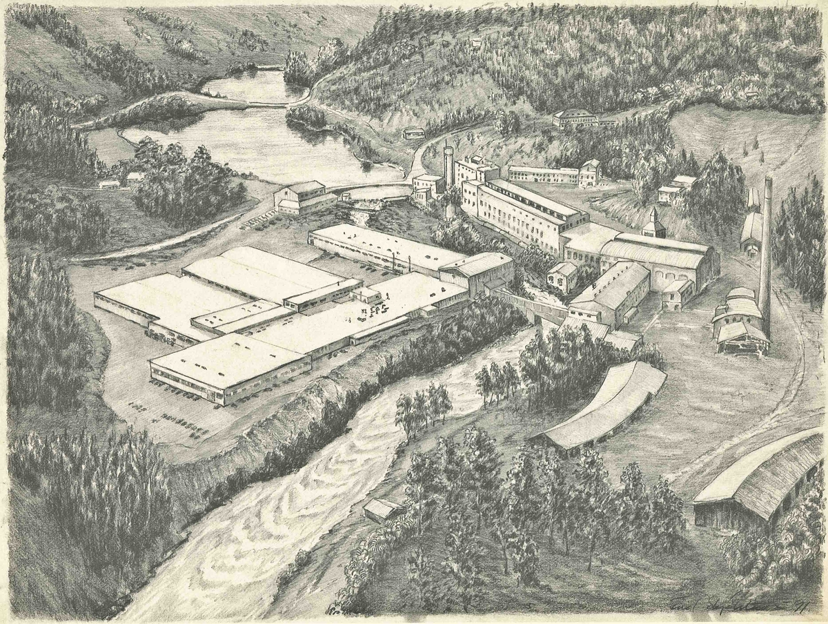 Avfotografert tegning av Bønsdalen. Bygninger fra ulike tidsperioder. Tegnet i 1991 av Fred Skjelstad.