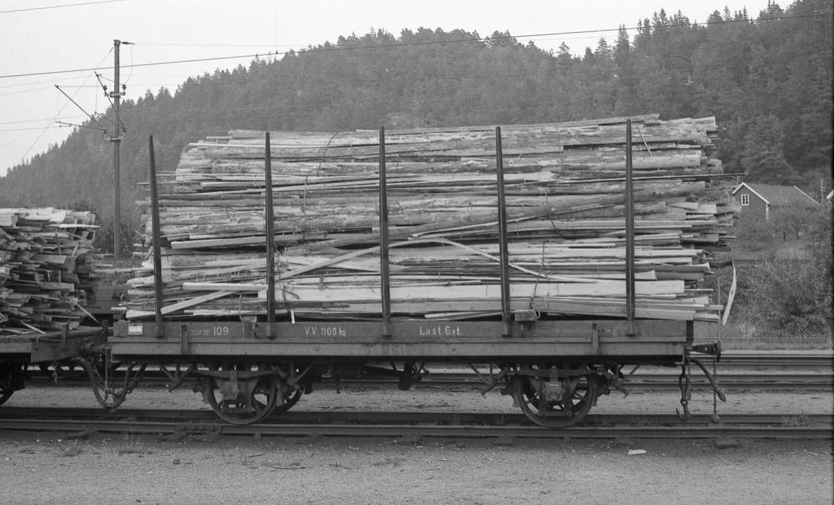 T-vogn med Setsdalsbanens løftekasse nr 109 lastet med bakhon