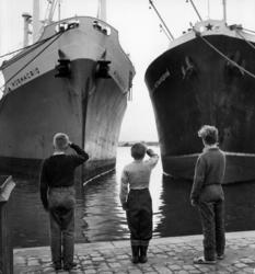 Barn hilser skip som ligger til kai,.mai 1956.