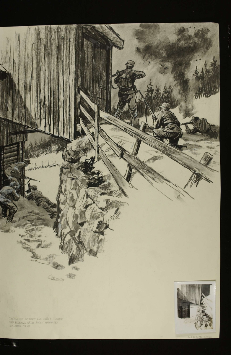Tyskernes angrep ble slått tilbake ved Blokhus gård foran høykorset, 18. april 1940.
