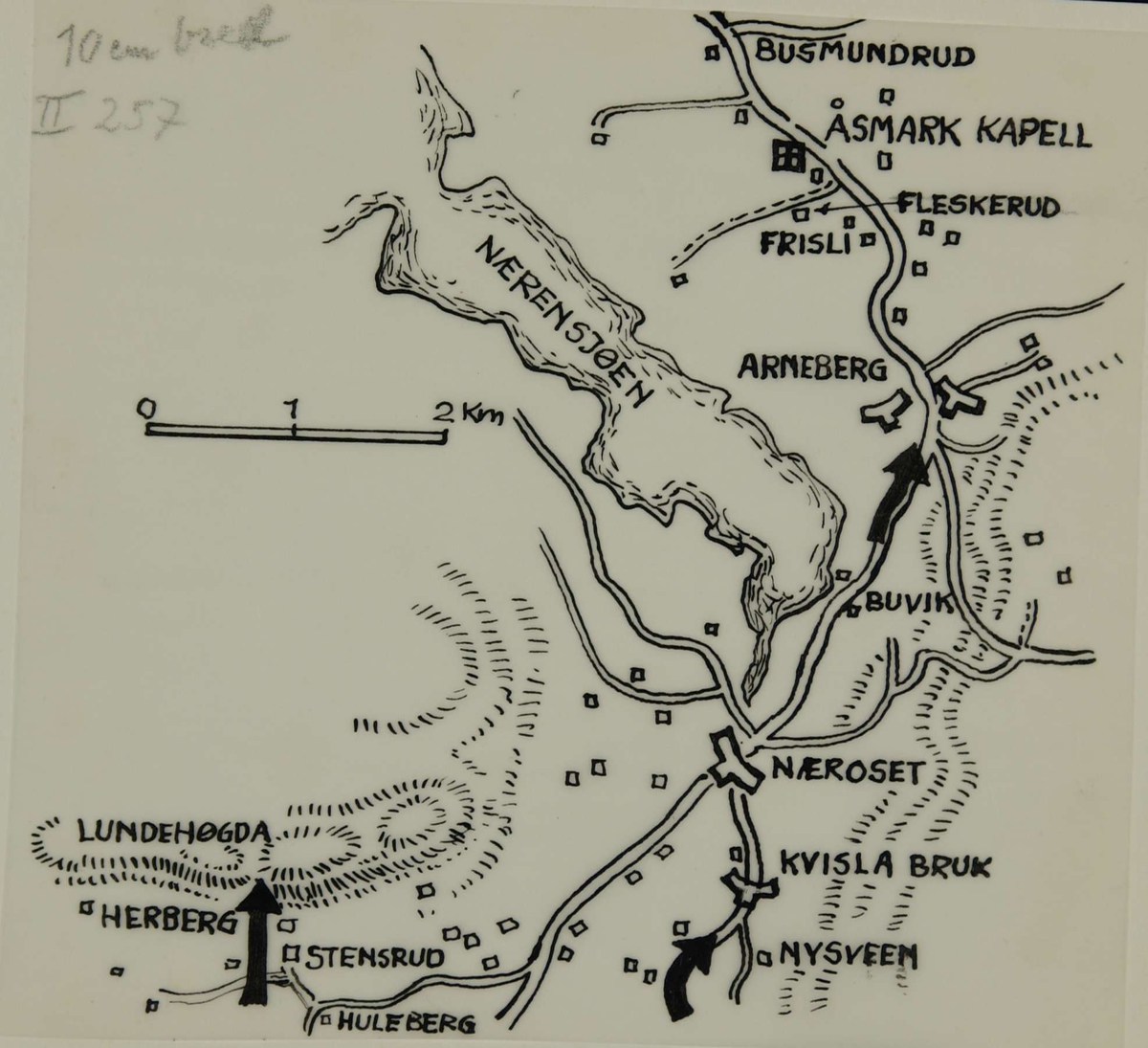 Kart over området Lundehøgda - Nærensjøen. Kampene i Norge 1940.