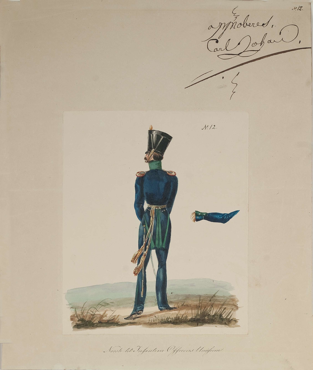 Approbasjonstegning for uniform til offiser lett infanteri. Tekst: No 12. Norsk lette Infanterie Officeers Uniform. Approbert Carl Johan, 1830.