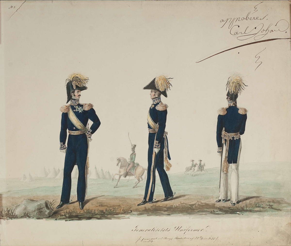 Approbasjonstegning for Generalitetets uniformer, 1835. Tekst: No 1. Generalitetets Uniformer. Forandret ved Kongl. Resolution af 22de April 1835.