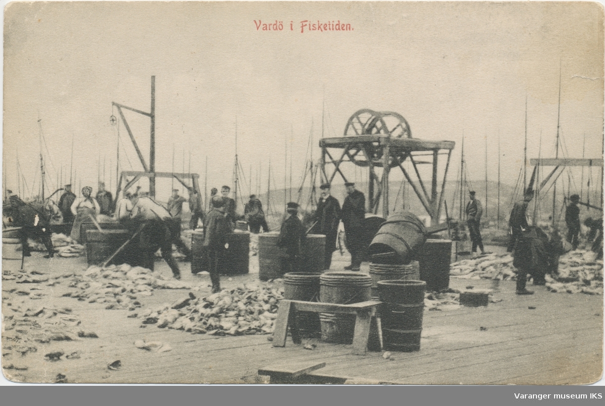 Postkort, fiskearbeid på en kai i Nordre Våg, Reinøya i bakgrunnen