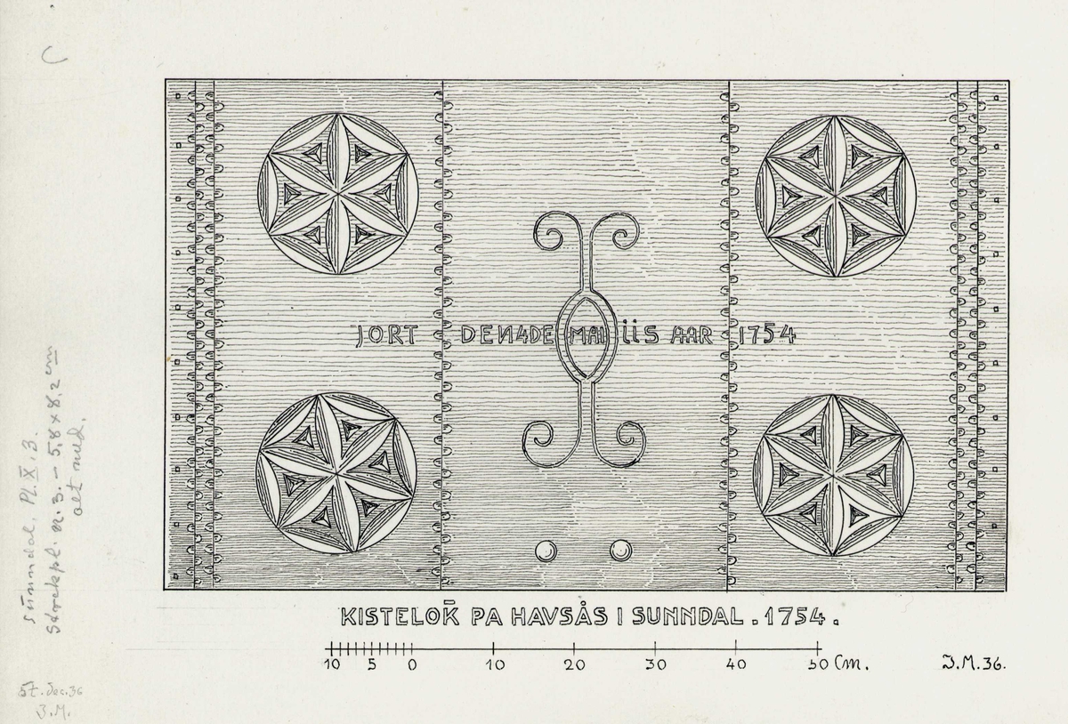 Johan J. Meyers tegning (1936) av kistelokk merket 1754, Hafsåsen, Sunndal, Møre og Romsdal.