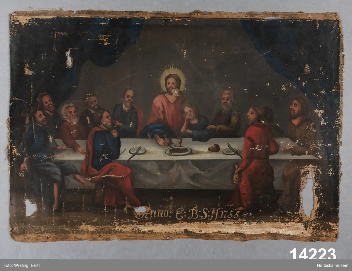 Nattvarden: Jesus och hand lärljungar runt ett middagsbord.