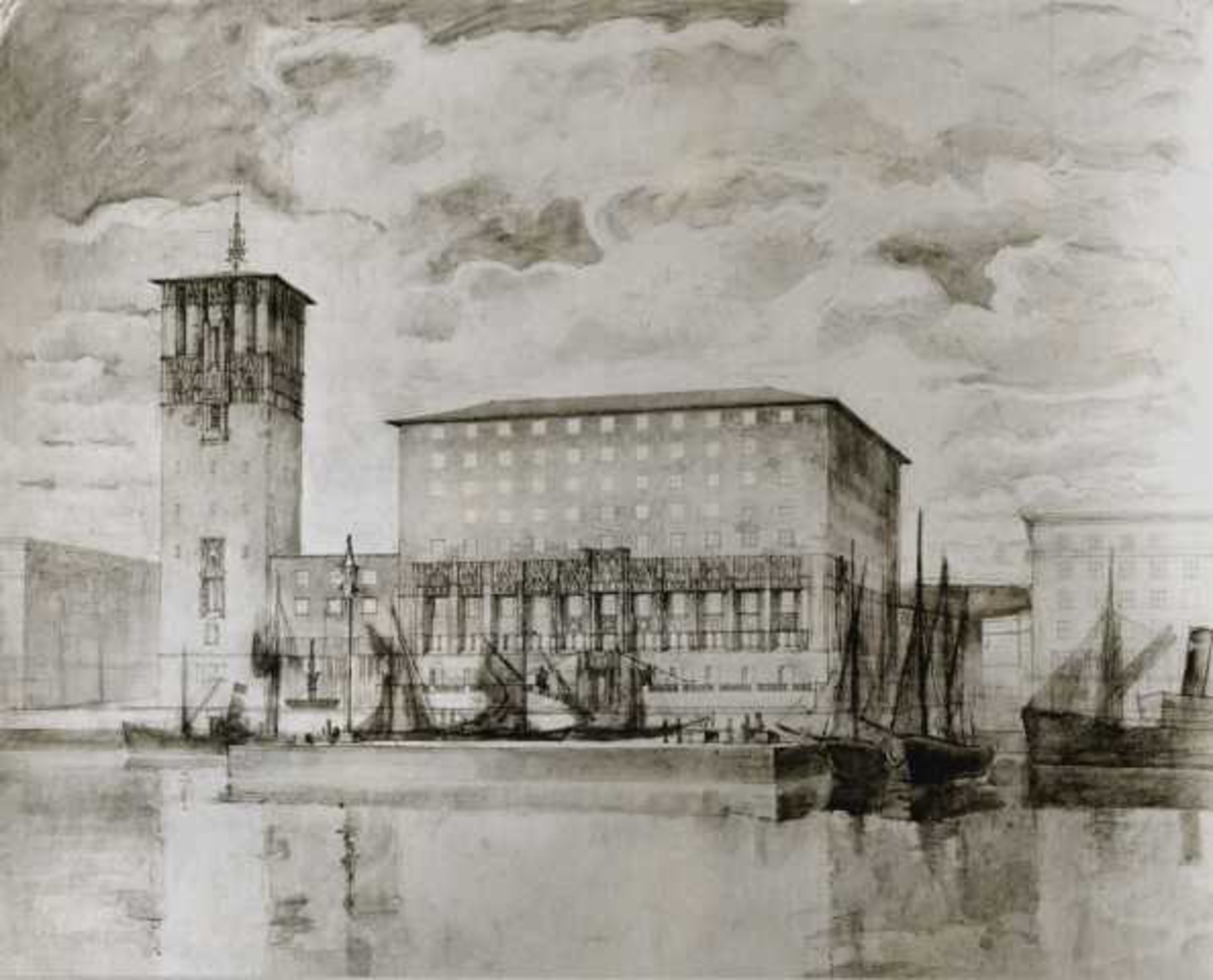 Utkast til Rådhus i Oslo. Avfotografert tegning av Arneberg og Paulsen ...