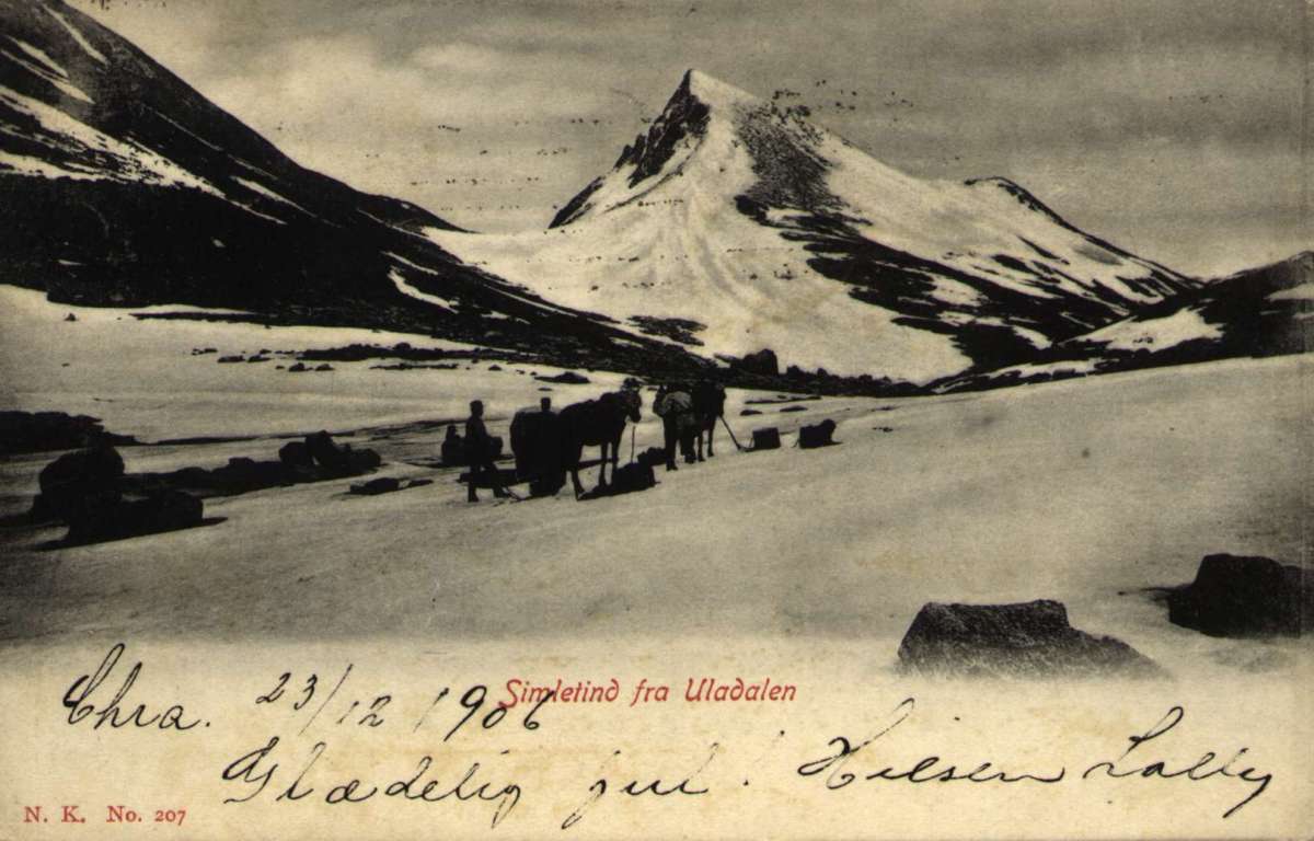 Postkort. Julehilsen. Fotografisk motiv. Vintermotiv. Fra Simletind, Uladalen. Hestetransport. Stemplet 23.12.1906.