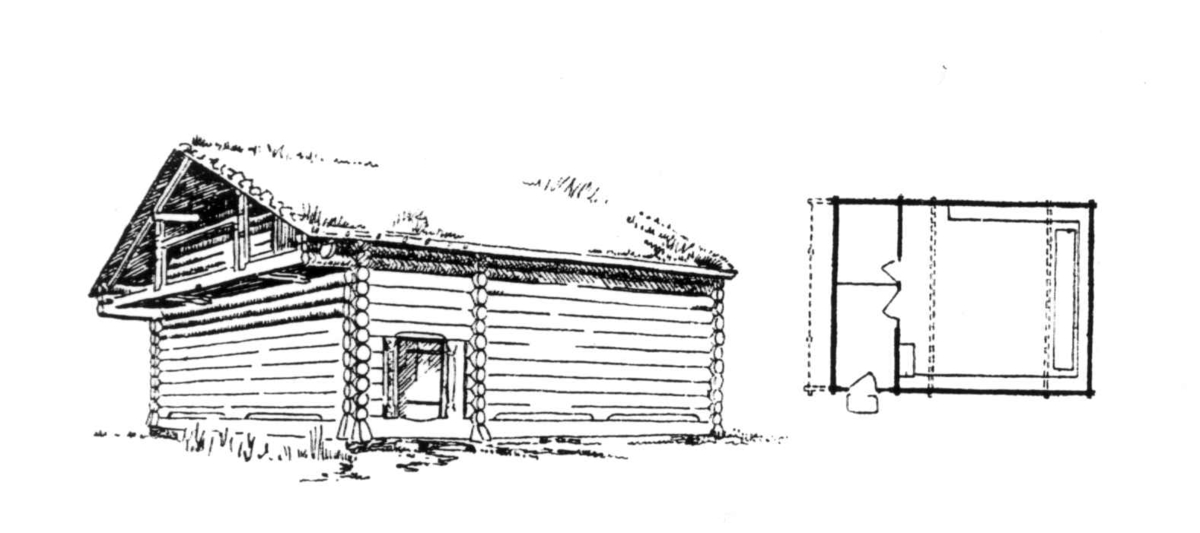 Stue fra Søre Rauland, Uvdal. Perspektivtegning og grunnplan. Tegning: Arne Berg. Reproduksjon etter NF. fører, v/Eggen 1961.
