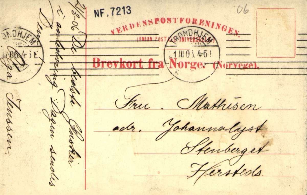 Postkort, Bursdagshilsen. To damer. Stemplet Trondheim 21.03.1906.