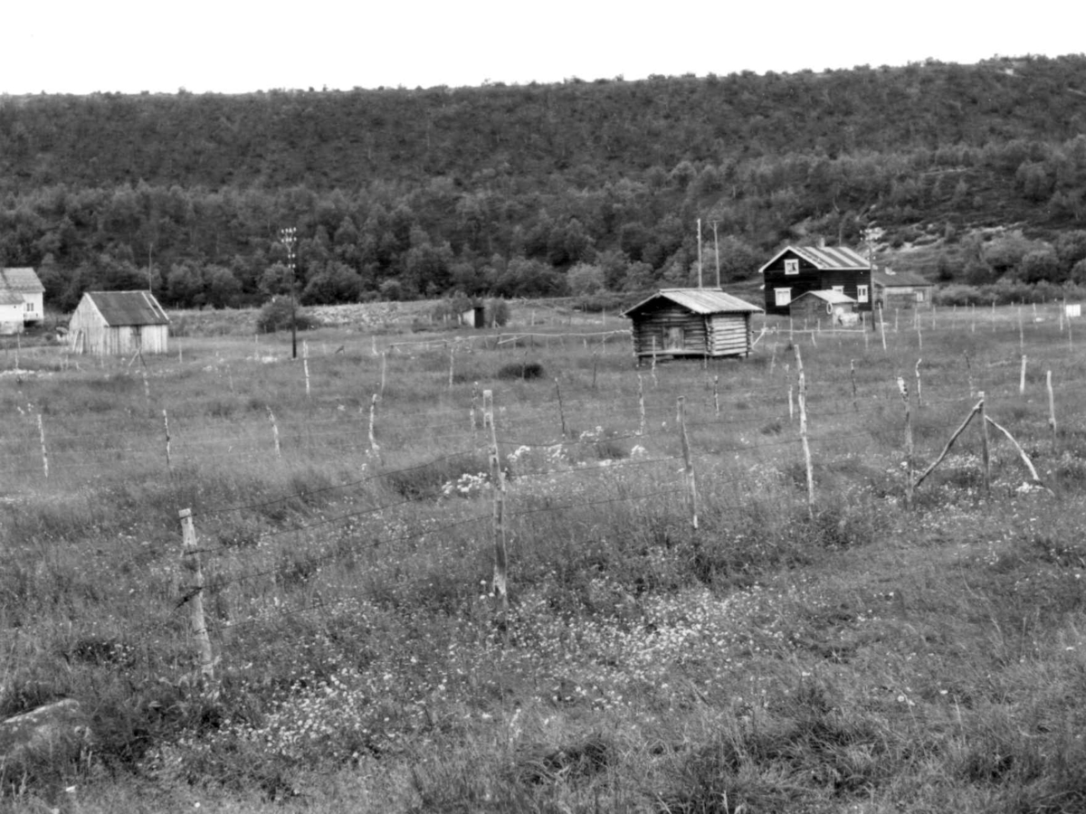 Gammelt stabbur og andre bygninger sett fra kapellet, Skoltebyen 1968.