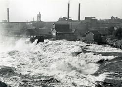 Borregaard fabrikker med Sarpsfossen i forgrunnen.