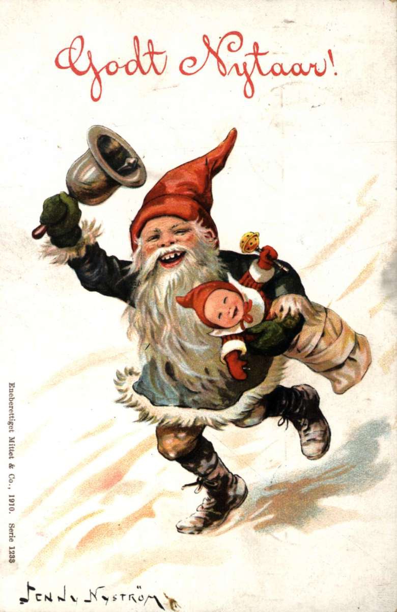 Nyttårskort. Nyttårshilsen. Løpende julenisse med et barn under armen og klokke i hånden. Illustrert av Jenny Nyström (1854-1945). Svensk. Stemplet 31.12.1910.