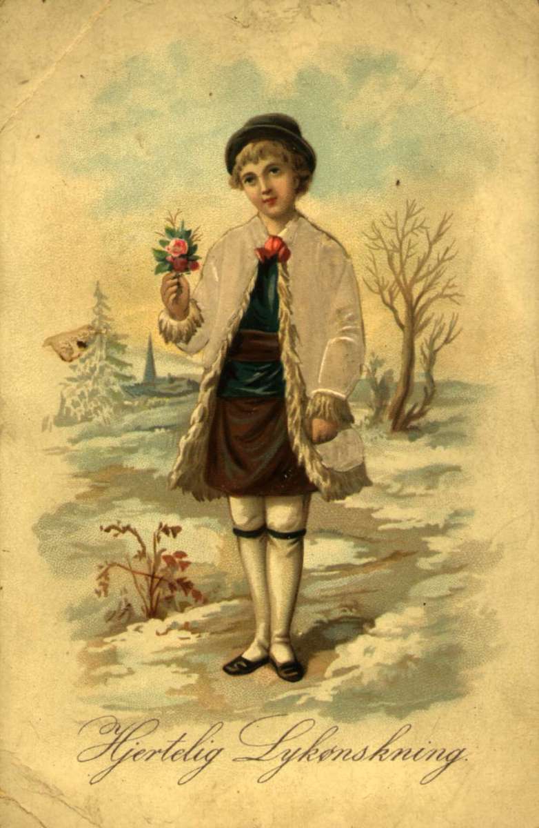 Postkort. Gratulasjonshilsen. Vintermotiv. Landskap. Liten pike med blomster. Datet 31.1.1898.
