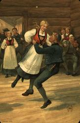 Postkort. Jule- og nyttårshilsen. Interiør stue. Dansere i f