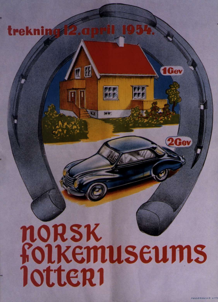 Plakat. Lotteri på Norsk Folkemuseum i 1954.