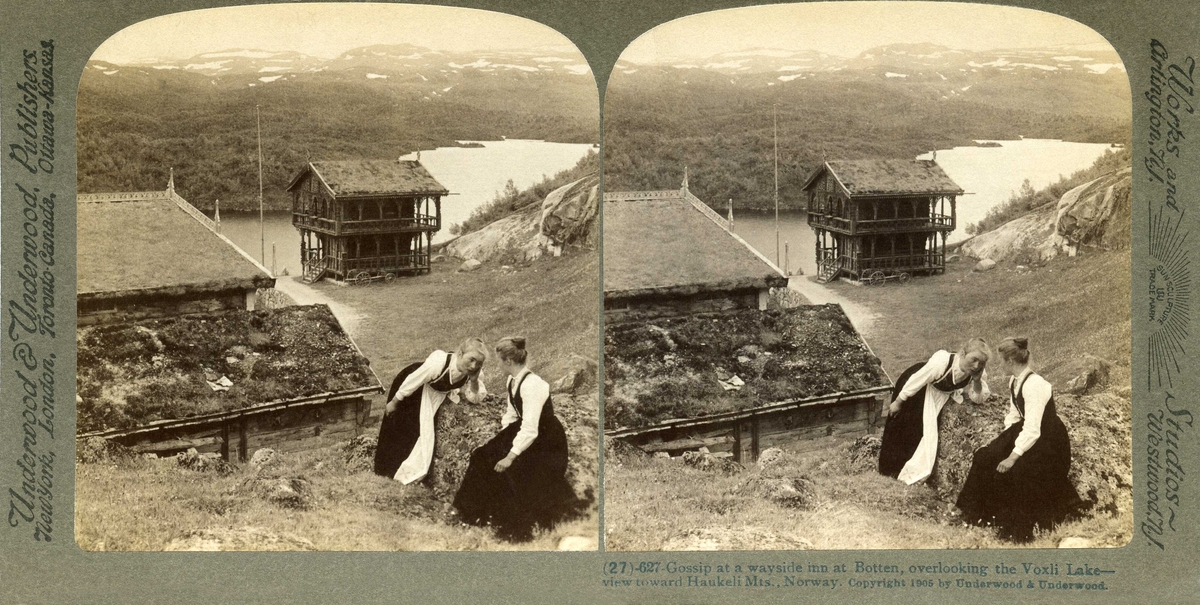Stereoskopi. To kvinner i folkedrakt ved overnatningsted i Botten, Vinje, Telemark. Loft med utskjæringer i bakgrunnen.