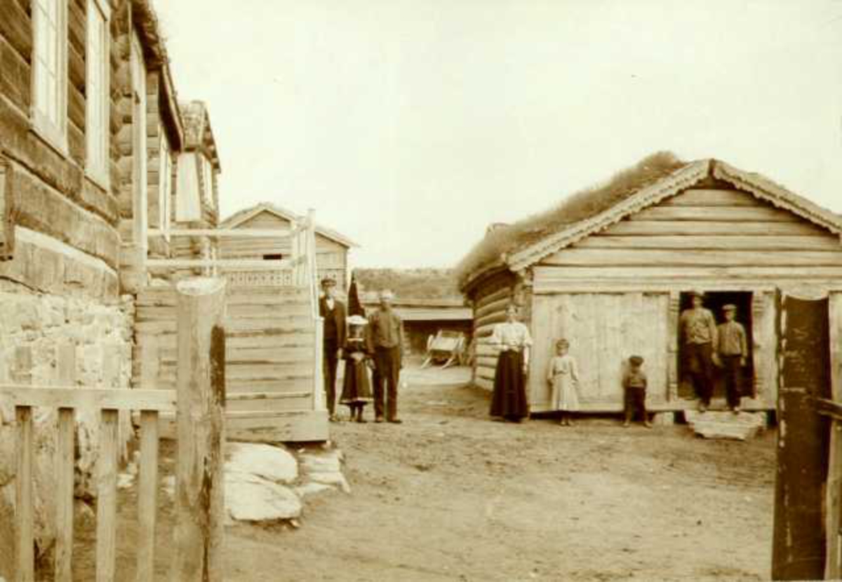 Gårdstun, Tordhol, Lesja, Opppland. Familie stående på tunet.  Fotografert 1910. 