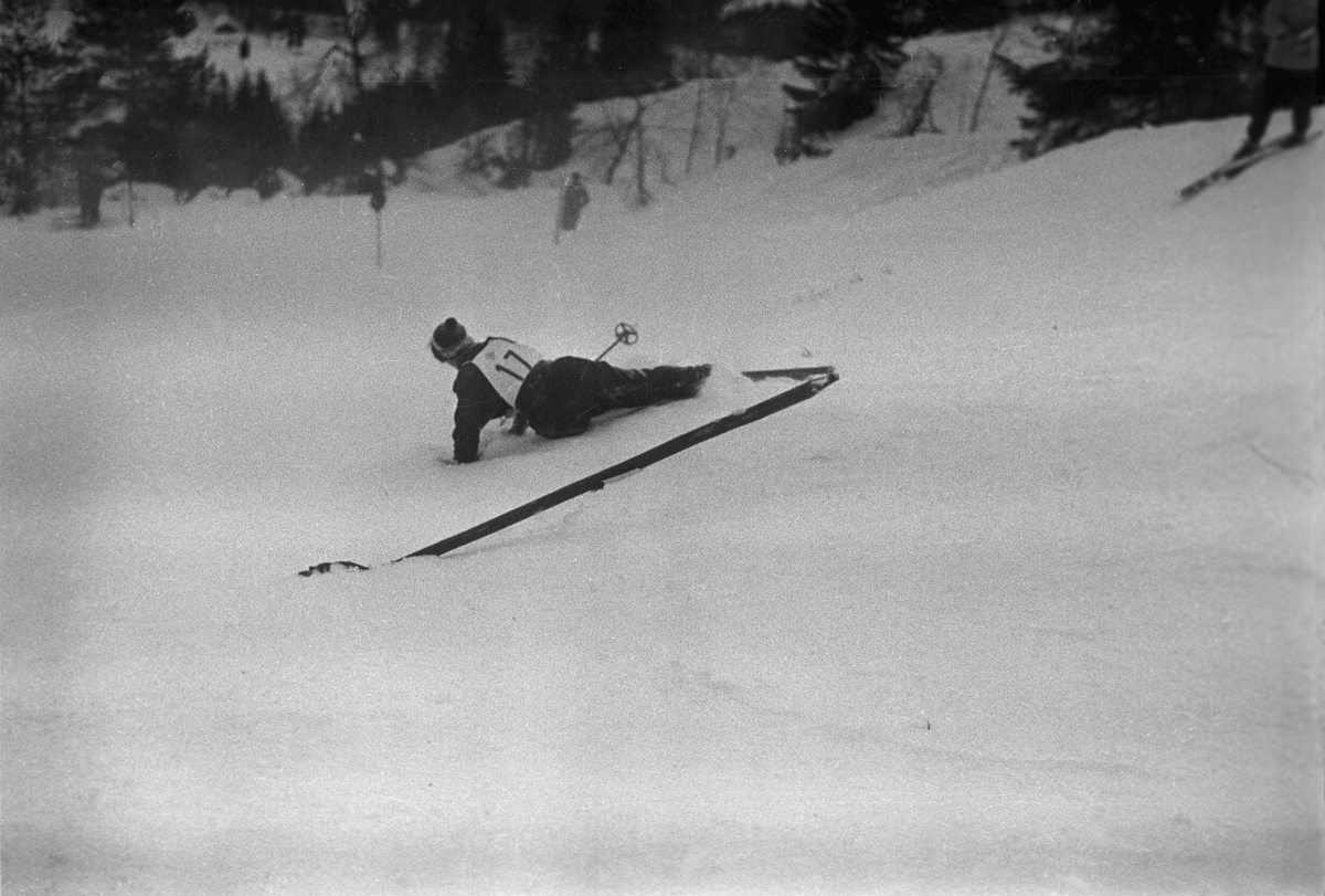 Knall og fall i slalåmløypa. Alpinist med startnummer 17 har gått over ende. Holmenkollrennene på Voss 1952. Fotograf Dagbladet
