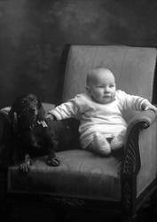 Portrett, spebarn og dachshund.