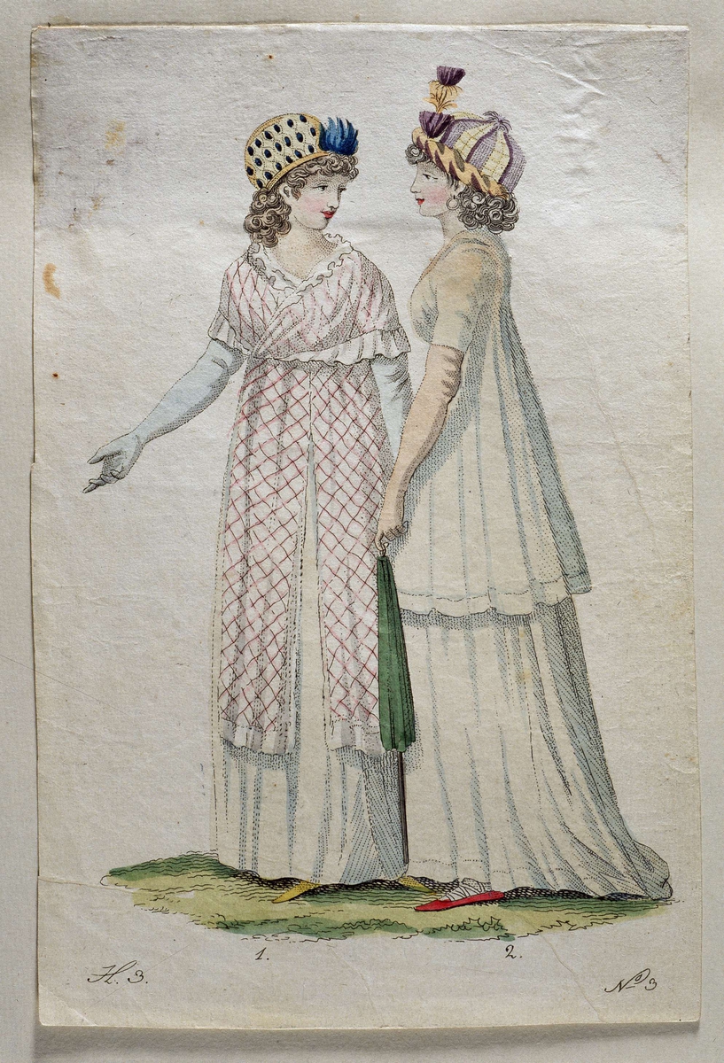 Handkolorerad modeplasch från mars 1800. Damerna bär toquer, påsliknande mössor utan brätten.