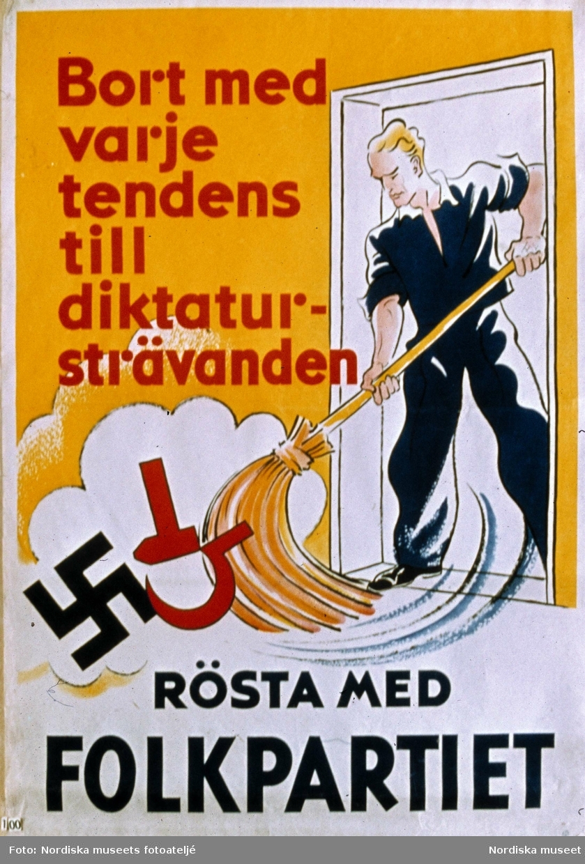 Valaffisch för Folkpartiet. "Bort med varje tendens till diktatursträvanden".  Andrakammarvalet 1936.
