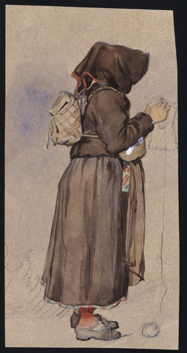 Kvinna med kont på ryggen. Akvarell av Fritz von Dardel.